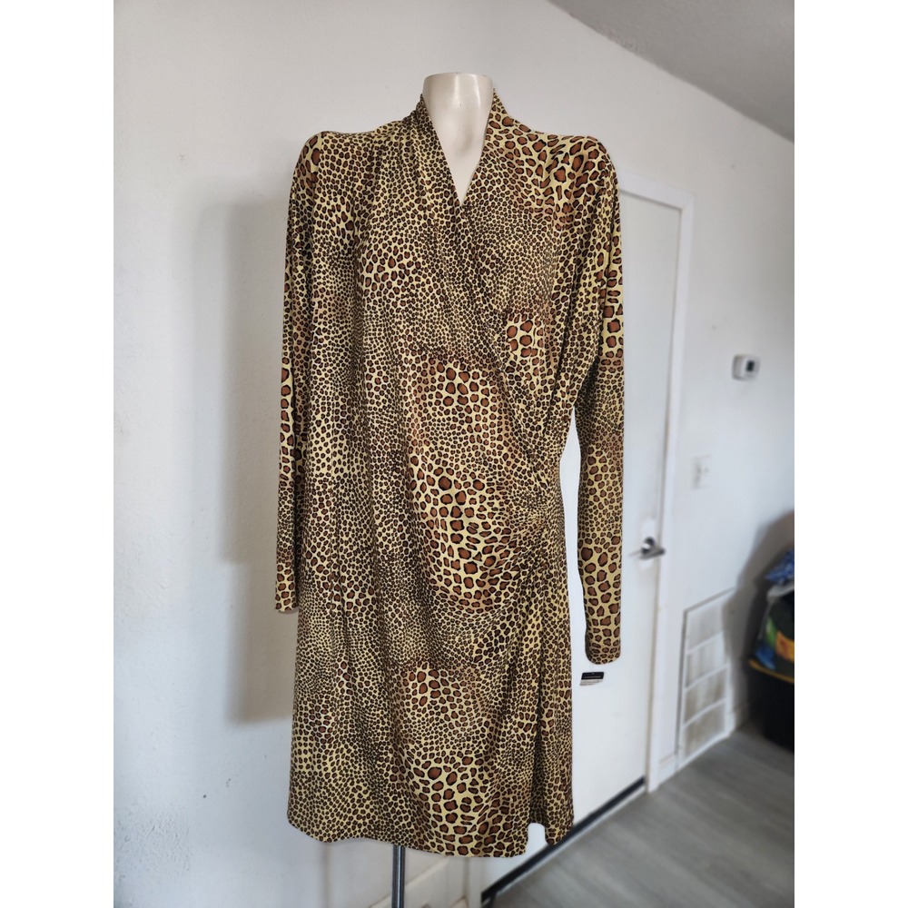 Norma Kamali Side Drape Dress XXL Cocoa Animal Print Long Sleeve Ruched NK10605A